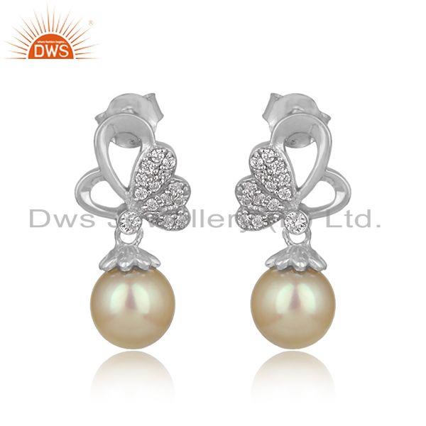Floral design artisan earring in silver 925 with dangling pearl