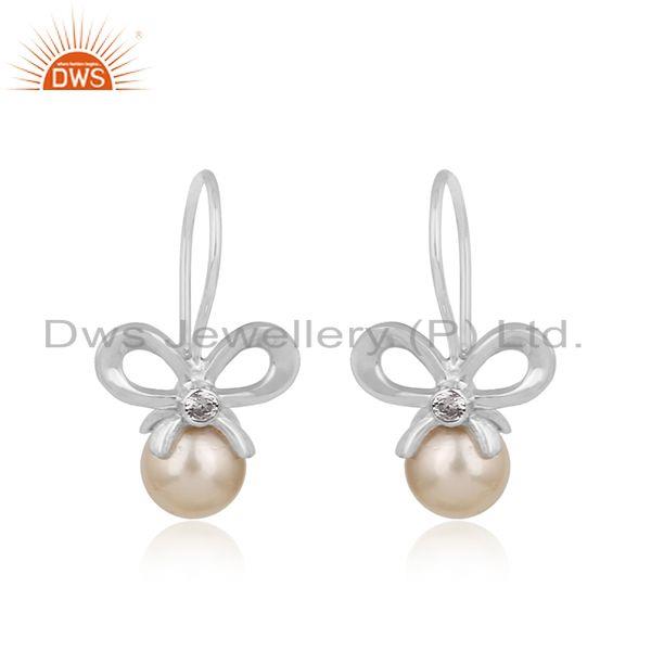 Trendy bow designer dangle earring in silver 925 with pearl and cz