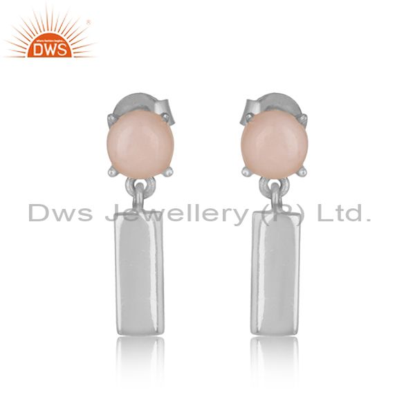 Handcrafted sterling silver bar dangle earring with pink opal