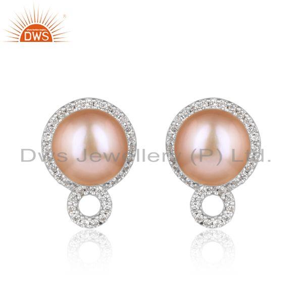 Designer dainty studs in rhodium on silver with pink pearl and cz