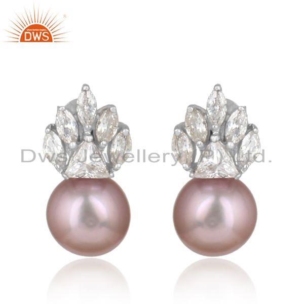 Equisite designer rhodium on silver earring with cz and gray pearl