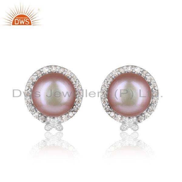 Designer rhodium on silver 925 elegant stud with gray pearl and cz
