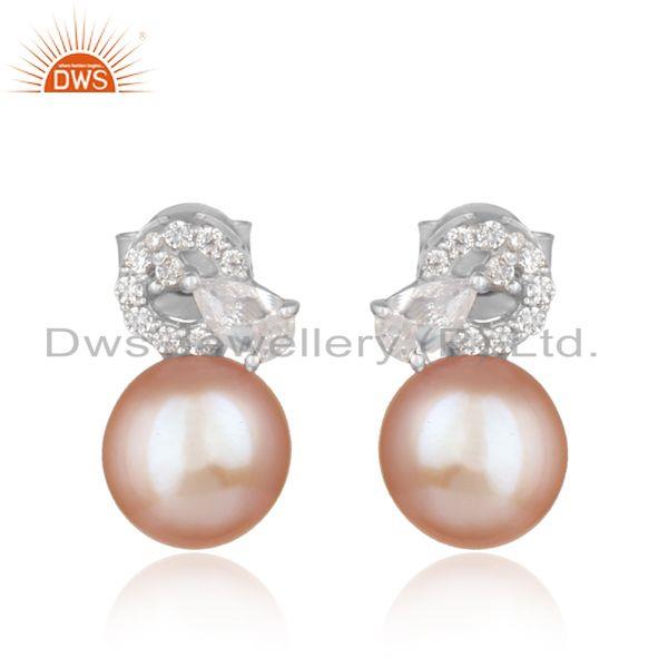 Designer trendy rhodium on silver 925 studs with cz and pink pearl