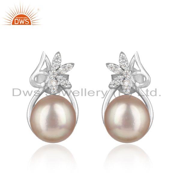 Floral designer rhodium on silver 925 studs with cz and gray pearl