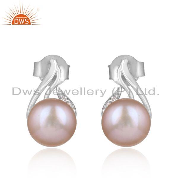 Exquisite dainty rhodium on silver studs with cz and gray pearl