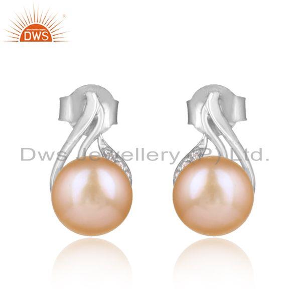 Exquisite dainty rhodium on silver studs with cz and pink pearl