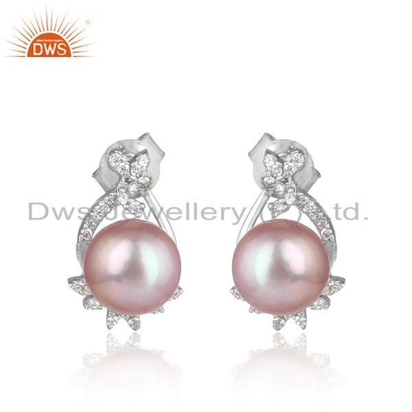 Trendy design rhodium on silver 925 studs with cz and gray pearl