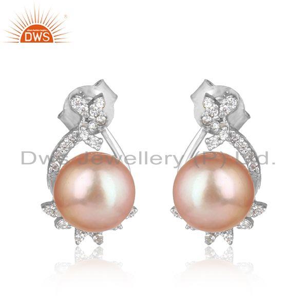 Trendy design rhodium on silver 925 studs with cz and pink pearl