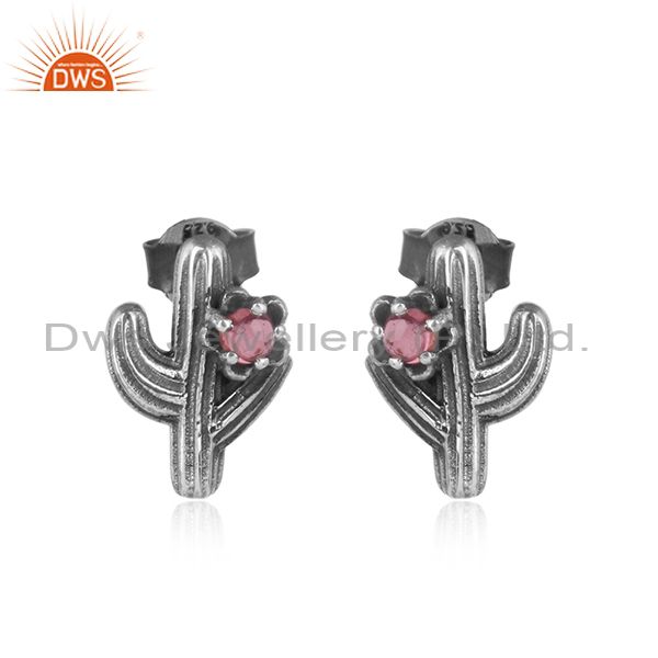 Textured cactus oxidized silver 925 stud with pink tourmaline