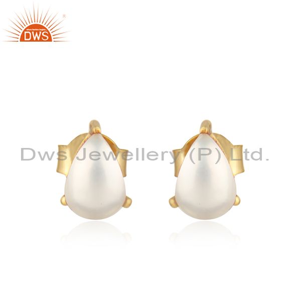 Designer dainty yellow gold on silver 925 studs with pearl