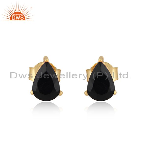 Designer dainty yellow gold on silver 925 studs with black onyx