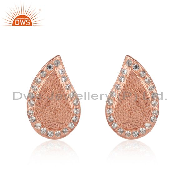 Textured traditional design rose gold on silver cz studs