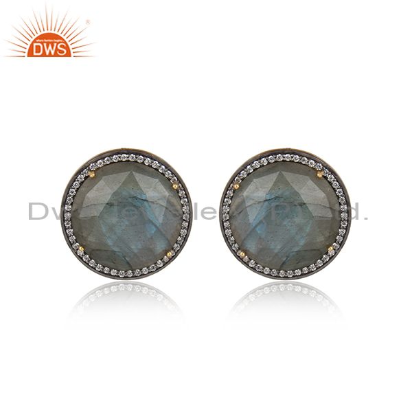 Exquisite yellow gold on silver studs with labradorite, cz
