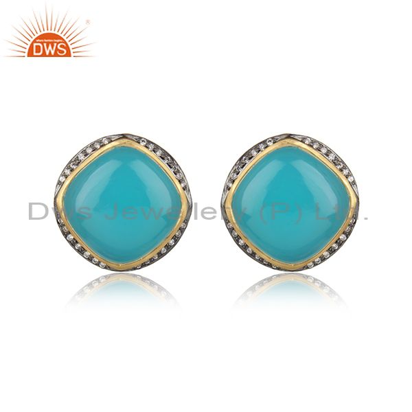 Designer trendy yellow gold on silver studs with aqua chalcedony
