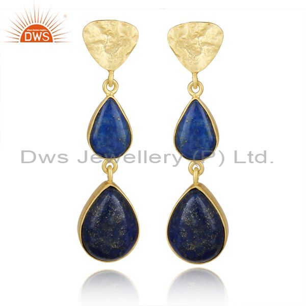Handcrafted textured gold on silver long dangle with lapis