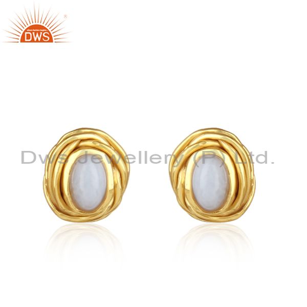 Blue Lace Agate Sterling Silver Gold Plated Earrings