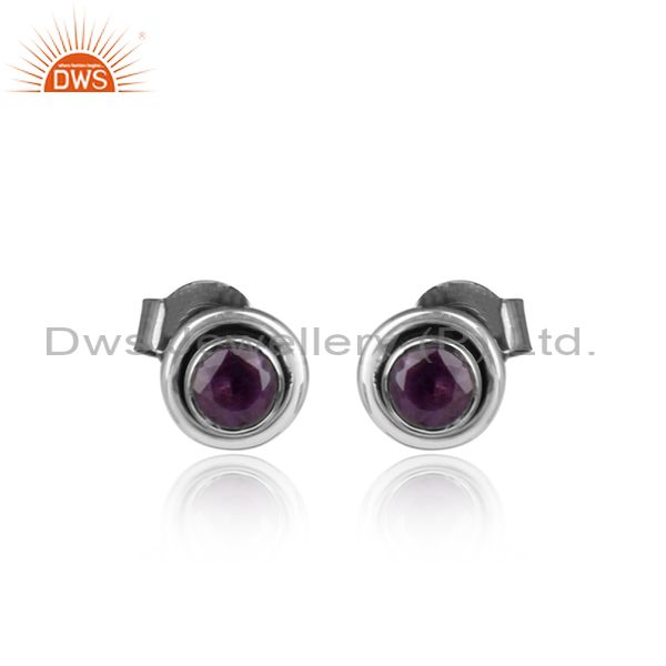 Little round oxidized silver natural amethyst stud earring