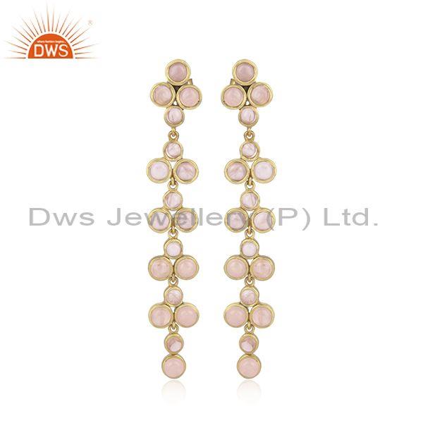 Rose quartz set gold on 925 silver ethnic long drop earrings
