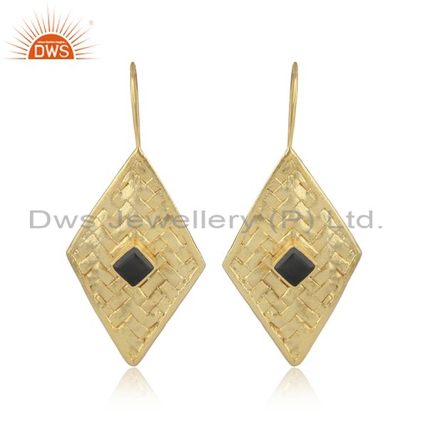 Gold on silver woven ear wire earrings set with black onyx