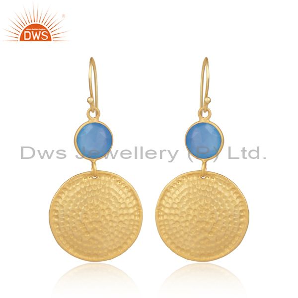 Blue chalcedony set gold on silver round ear wire earrings