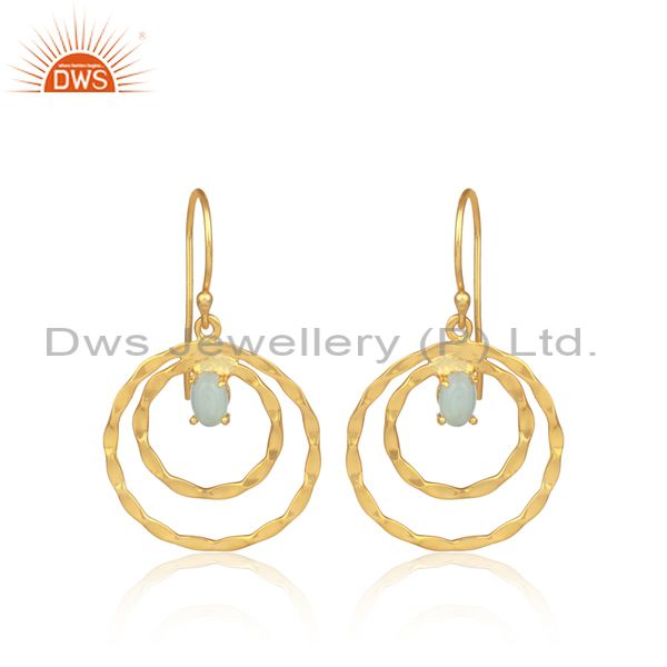 Aqua chalcedony set gold on 925 silver double hoop earrings