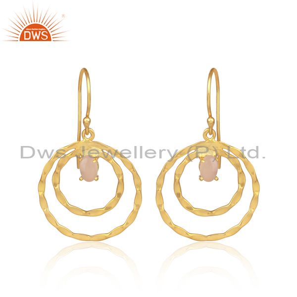 Rose chalcedony set gold on 925 silver double hoop earrings