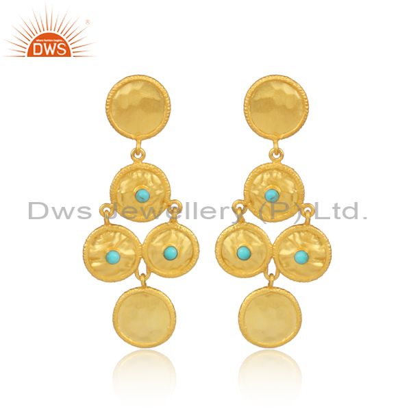 Arizona Turquoise Set Gold On 925 Silver Round Long Earrings