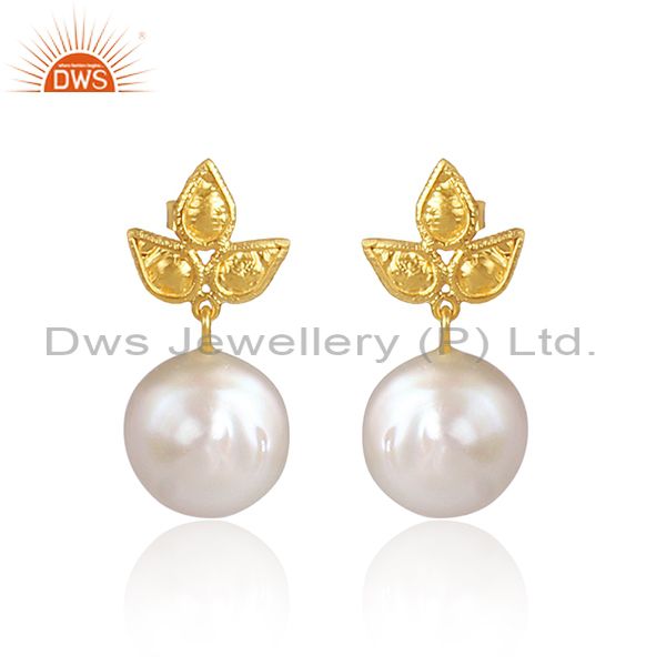 Pearl Set Three Petal Gold On 925 Silver Handmade Earrings