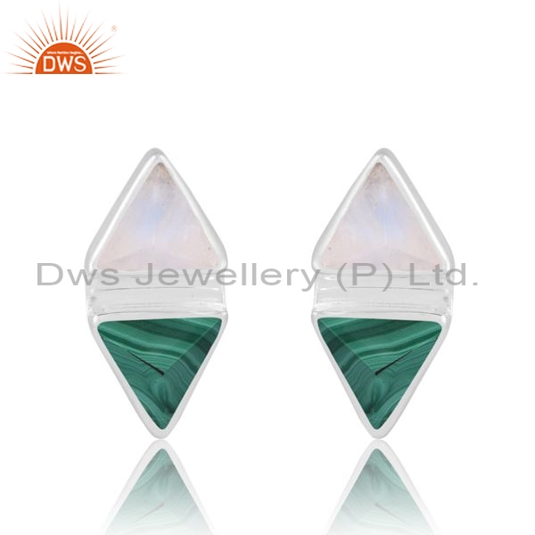 Silver Stud With Malachite And Rainbow Moonstone Triangle