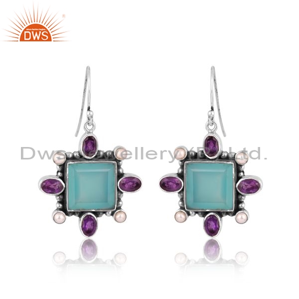 Silver Earrings With Aqua Chalcedony, Amethyst And Pearl