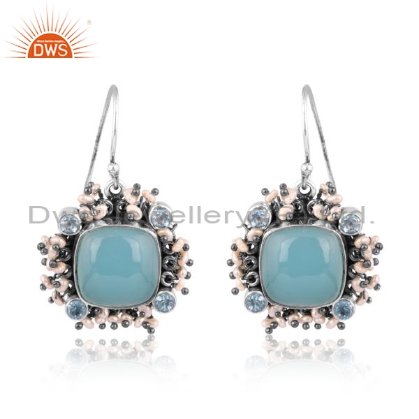 Silver Earrings With Aqua Chalcedony, Topaz And Pearl