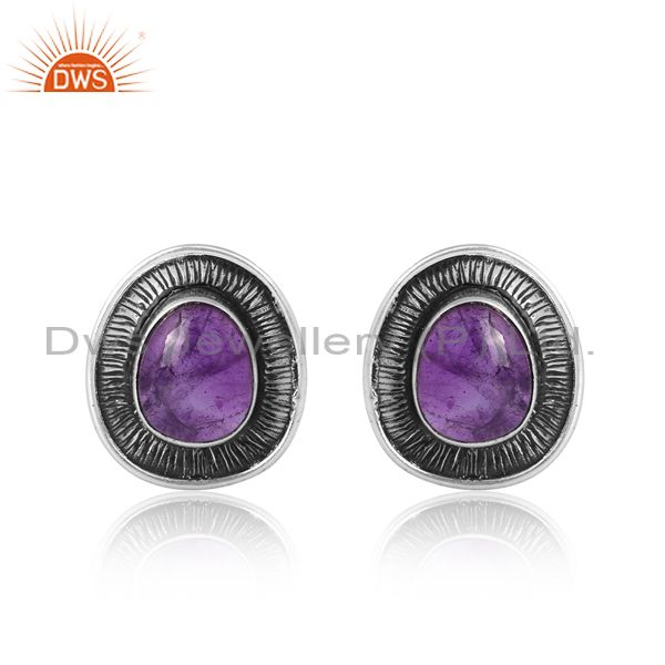 925 Silver Oxidized Earrings With Amethyst Cabochon