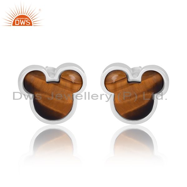 Mickey Mouse Stud With Tiger Eye Cabushion Stone For Kids