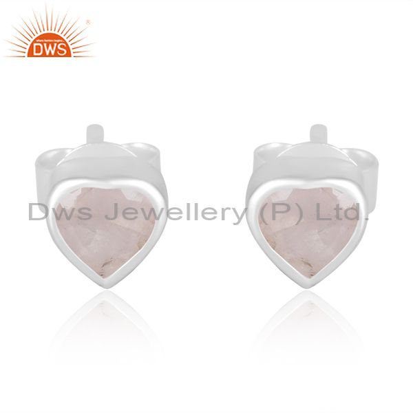 Heart Valentine's Silver Stud With Rose Quartz Cut For Women