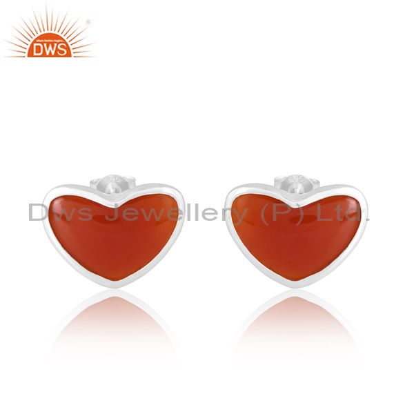Lovable Red Onyx Heart Stud With Border In Silver Metal