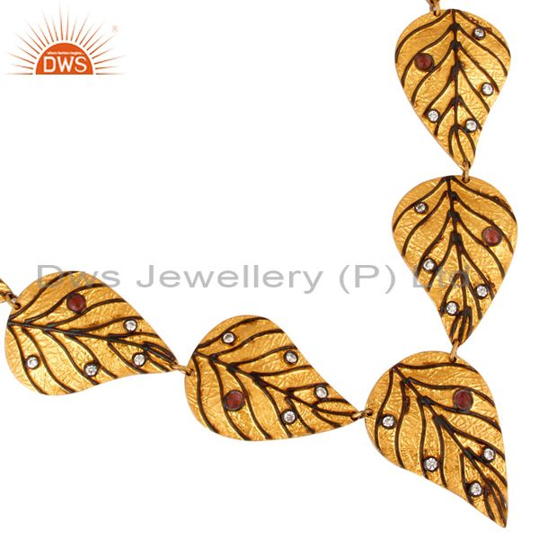 Gold plated sterling silver unique artisan leaf design necklace with tourmaline