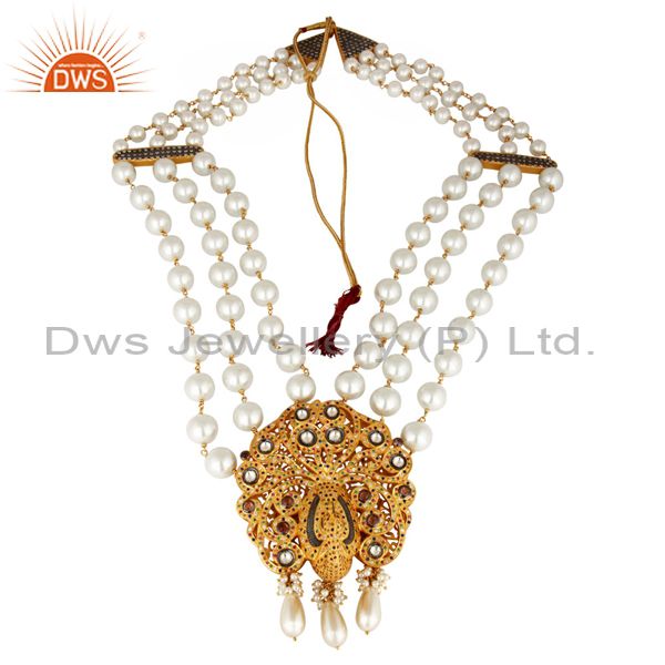South indian traditional pearl 22k gold plated silver peacock design necklace