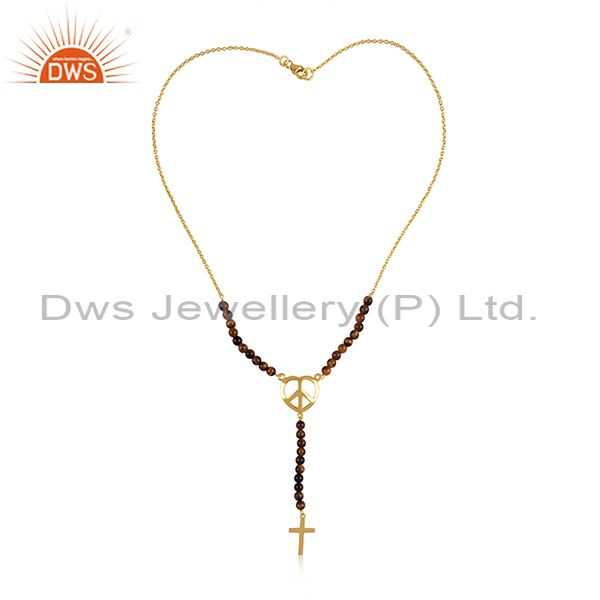 5mm tiger eye round beads sterling silver peace and cross charms necklace