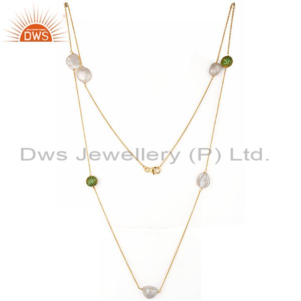 18k yellow gold plated sterling silver green cubic zirconia and pearl necklace