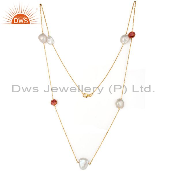 18k yellow gold plated sterling silver red cubic zirconia & pearl chain necklace