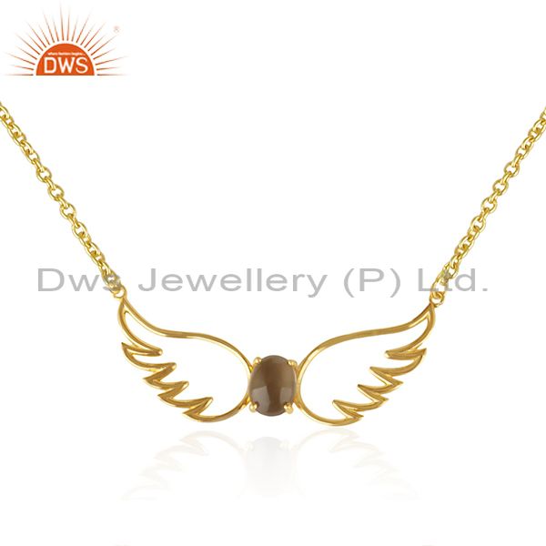 Angel Wing Gold Plated 925 Silver Smoky Quartz Chain Pendant Wholesale