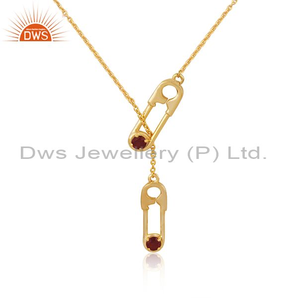 Customized pin design garnet gemstone gold plated silver necklace manufacturer