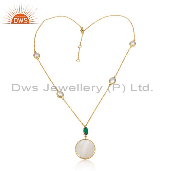Handmade gold over silver 925 necklace with green onyx and pearl
