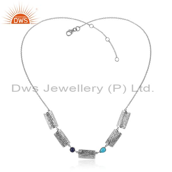 Vintage design oxidized 925 silver turquoise lapis gemstone necklace