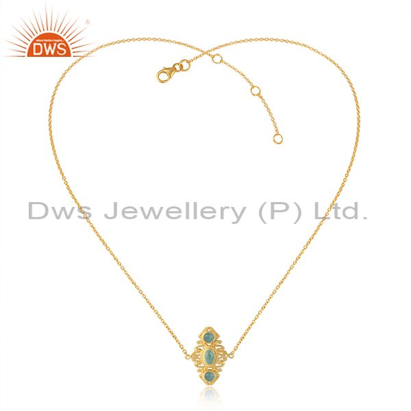 Boho Style Aqua Chalcedony Necklace in Gold On Silver 925
