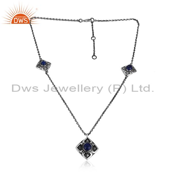 Handcrafted classic designer lapis necklace in oxidized silver