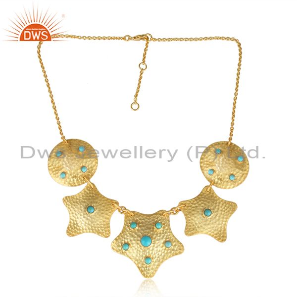 Bold hammered textured gold over silver arizona turquoise necklace