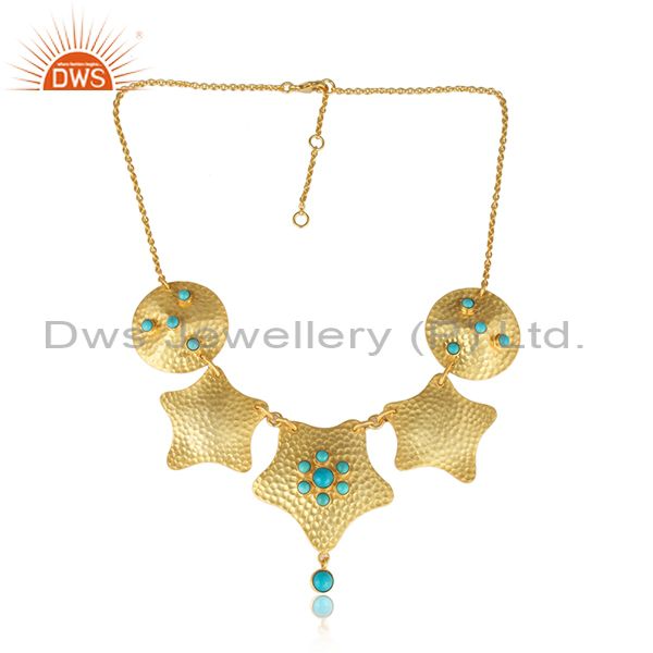 Hammered bold textured gold over silver arizona turquoise necklace