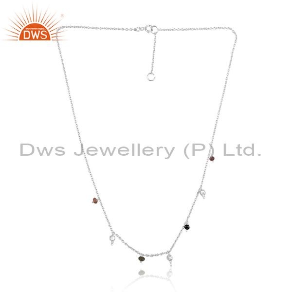 Multi Tourmaline Beads White Silver Long Chain Necklace