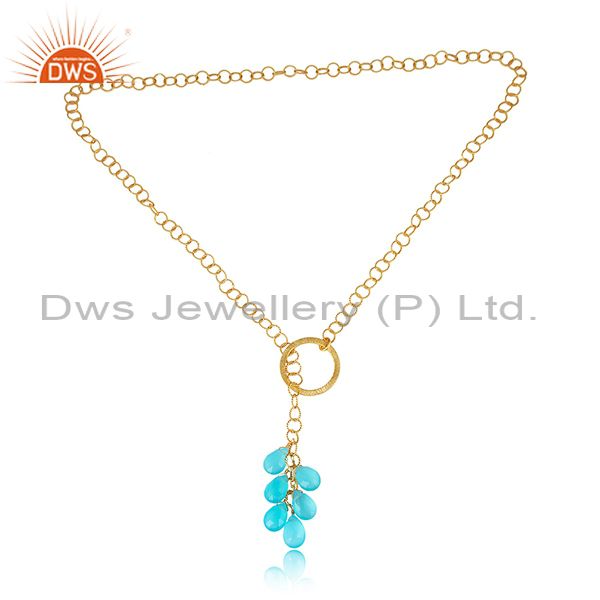 Handcrafted bold link gold over silver necklace with aqua chalcedony